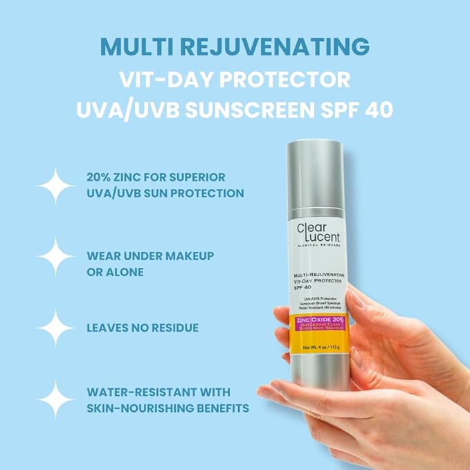 Multi Rejuvenating Vit-Day Protector Sunscreen SPF 40 – 20% Zinc Oxide Mineral Face Sunscreen | Invisible Reef-Safe Water-Resistant Hydrating SPF with Hyaluronic Acid | 4.0 oz