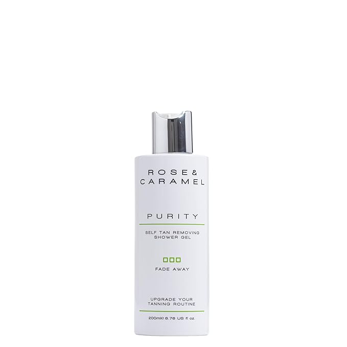 Rose &amp Caramel Purity Fade Away Self Tan Removing Shower Gel (250ml). Effective Self Tan Eraser Fresh Fruity Fragrance Gentle Exfoliator. Removes All Fake Tan Brands Vegan Cruelty Free
