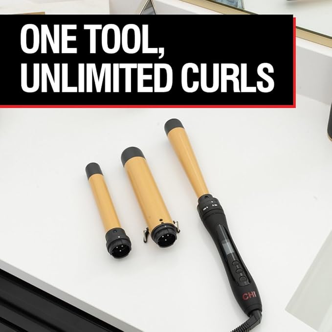 CHI Interchangeable Curling Wand 3 Barrel Attachments For Versatile Curls 0.5-1.25 Inverted Tapered Barrel 1 &amp 1.5 Barrel