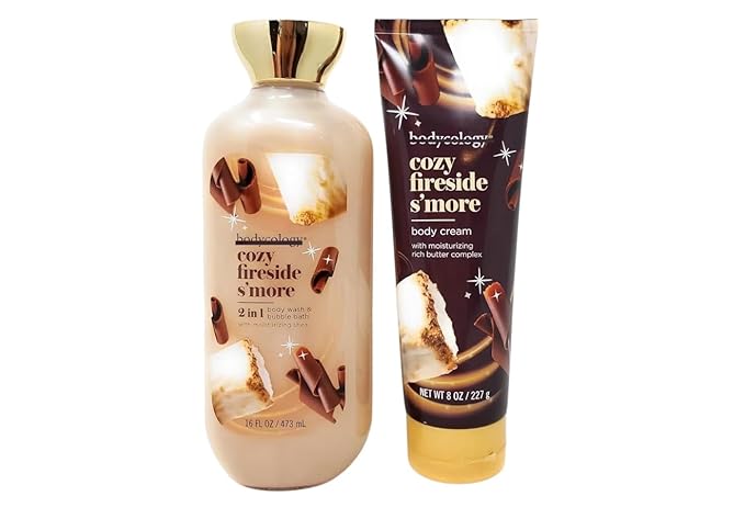 Cozy Fireside S'more 2 in 1 Body Wash &amp Bubble Bath 16 fl oz &amp Cozy Fireside S'more Butter Body Cream 8 oz (Pack of 2)