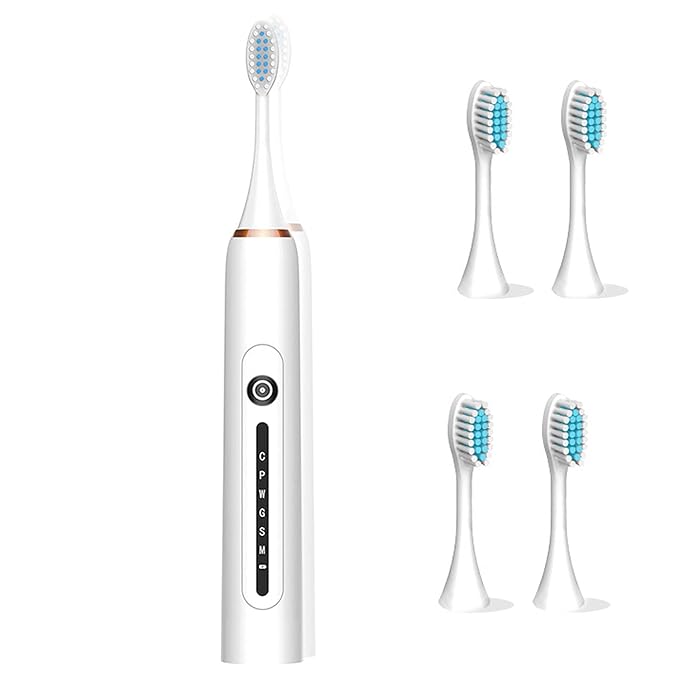 Sonic Electric Toothbrush Low Noise Designed Ideal for Adults Kids 6 Optional Modes IPX7 USB Fast Charging Electric Ultrasonic Toothbrush with 2 min Build in Timer &amp 4 Replacement Brush Heads (Wh