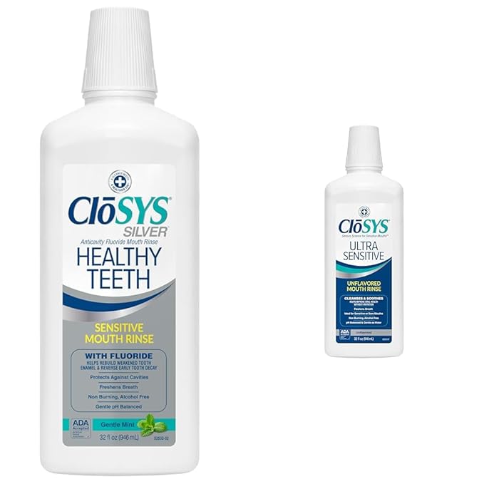 CloSYS 32 Oz Healthy Teeth &amp Ultra Sensitive Unflavored Mouthwashes with Flavor Dropper
