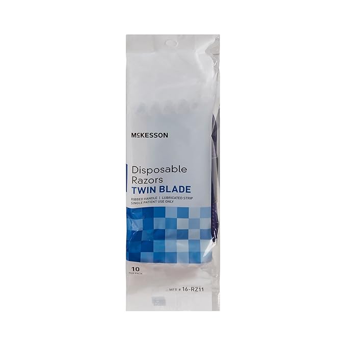 McKesson Disposable Razors Stainless Steel Twin Blade Lubricated Strip Ribbed Handle Blue 10 Count 12 Packs 120 Total