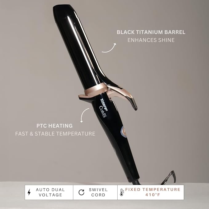 TAIFF Curves Professional Black Titanium Curling Iron – High-Performance Hair Curler &amp Rizadora para Cabello with Dual Voltage | Fixed Temperature 410°F | 1 1/2”