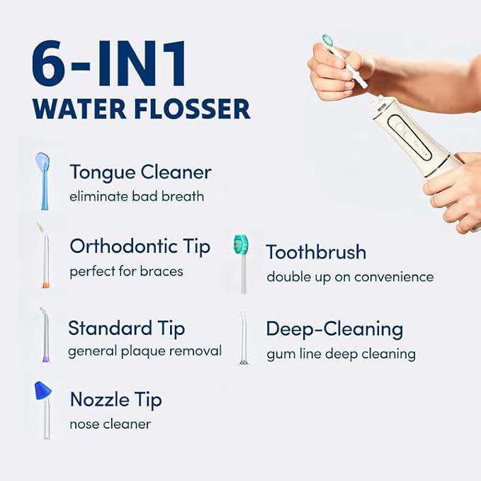 Professional Water Flosser - Advanced Dental Care for a Healthier Mouth Gum and Teeth - IPX7 Waterproof Oral Irrigator | 7 Replacement Tips Travel-Friendly Rechargeable - Oral Hygiene (White)