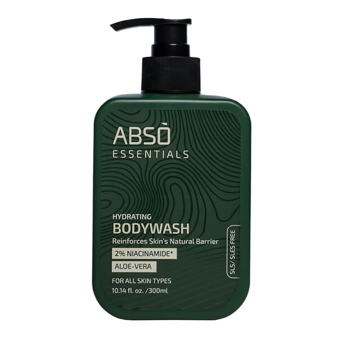 ABSO_ESSENTIALS 2% Niacinamide Hydrating Bodywash With Aloe Vera for Daily Gentle Cleansing Enriched Moisturizing and Reinforcing Skin Barrier| SLS &amp Paraben Free Dermatologically Tested (300 ML)