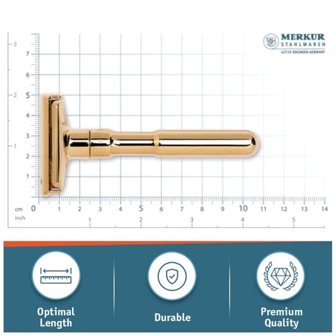 MERKUR FUTUR 702 Adjustable Double Edge Safety Razor - Bright Gold Adjustable Razor With Dial Made in Germany Plastic-Free Snap-On Cap Design Straight Bar