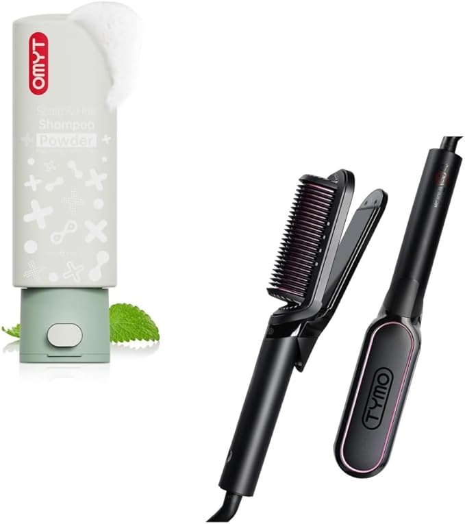 TYMO Clarifying Shampoo Powder Natural Formula + TYMO Flat Iron Hair Straightener Brush 2 in 1