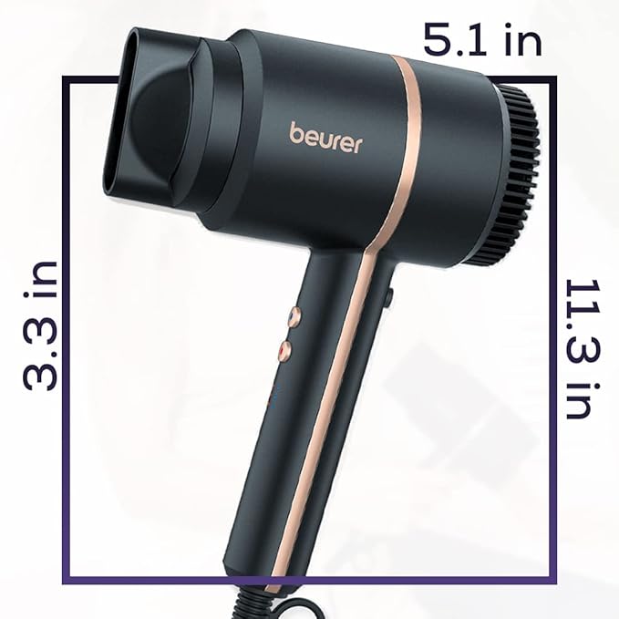 Beurer HC35 Compact Hair Dryer 1500-Watt Blow Dryer Ionic Technology Reduces Frizz Lightweight and Portable Travel Hair Dryer with 4 Temperature and 3-Speed Settings &amp Cold Air Function (Black)