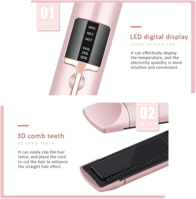 Dioche 2 in 1 Curling Iron and Straightener USB Wireless Hair Straightener and Curler with Floating 3D Heating Panel 3 Adjustable Temperatures LED Display (Pink)
