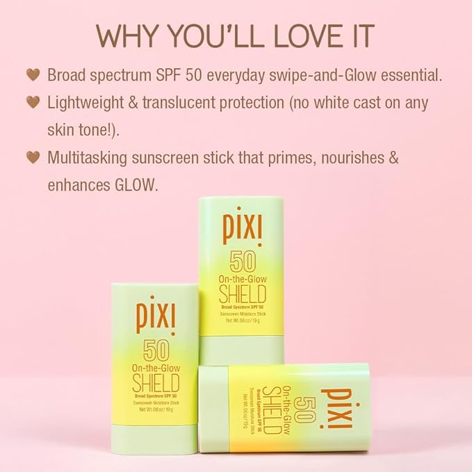 Pixi Beauty On-the-Glow SHIELD SPF 50 2-pack | Lightweight &amp Ultra-Hydrating Sunscreen Stick for Everyday Use | No White Cast | Travel Size Vegan &amp Paraben-Free | 2x 0.6oz/19g