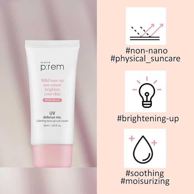 MAKE P:REM UV Defense Me. Calming Tone Up Sunscreen Non-Nano Zinc Oxide Reef Safe Chemical Free Non-Greasy SPF 50 Korean Sunscreen1.69 fl. oz. (50ml)