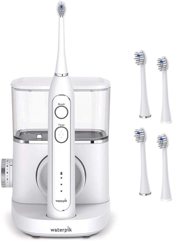 Waterpik White Sonic-Fusion Toothbrush and Heads (Set of 4). Brush and Floss at The Same Time. Soft Bristles Gently Brush While The Water Flosser Removes Plaque and Debris from Teeth and Gumline.