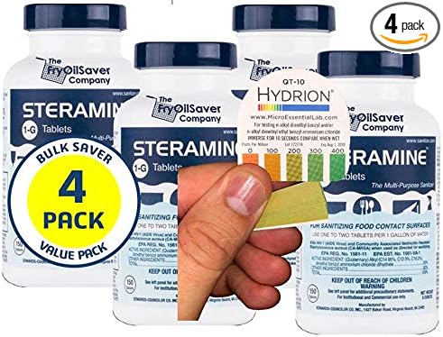 Pack of 4 (600 Tab) Steramine Sanitizing Tablets w/ 30x QT-10 Test Strips by FryOilSaver Co. Steramine Multi Purpose Contact Solution Sanitizer Tablets for Gym Hotel Bar Restaurants &amp Food Ser