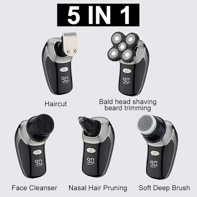 Head Shavers for Bald Men 5D Floating Heads Electric Shaver 5 in 1 Rechargeable Razors Hair Clipper Nose Ear Hair Trimmer Men Facial Cleaning Brush