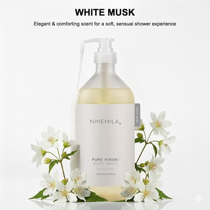 NINEMILA Pure Hinoki Body Care Set: 1000ml Vegan Body Wash (White Musk) &amp 1000ml Body Lotion (Blackberry) – Jeju Cypress Water (50000ppm) Hypoallergenic Spa Ritual for Sensitive Skin 2-Pack Bun