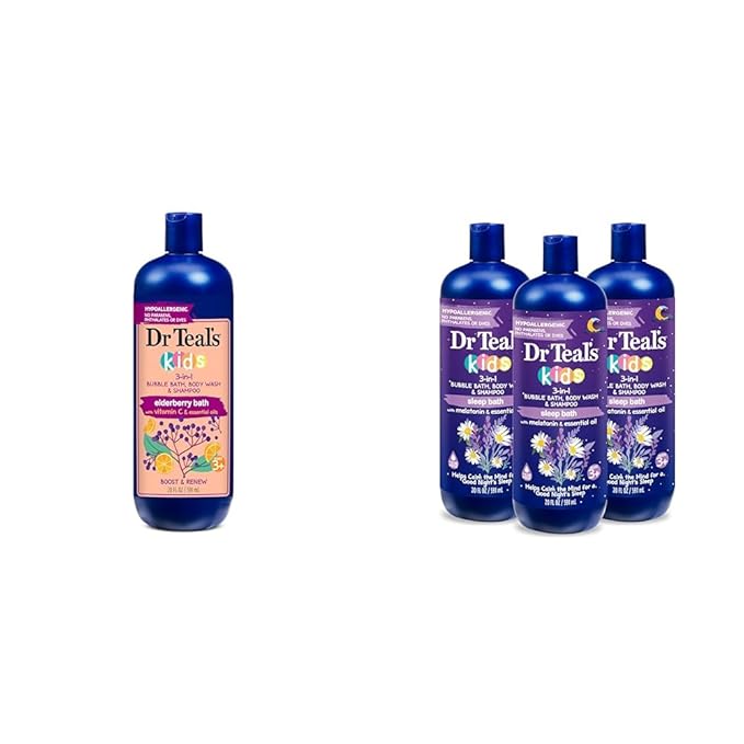 Dr Teal's Kids 3-in-1 Elderberry Bath: Bubble Bath Body Wash &amp Shampoo 20 fl oz. &amp Kids 3-in-1 Sleep Bath: Bubble Bath Body Wash &amp Shampoo with Melatonin &amp Essential Oil 20 fl oz (