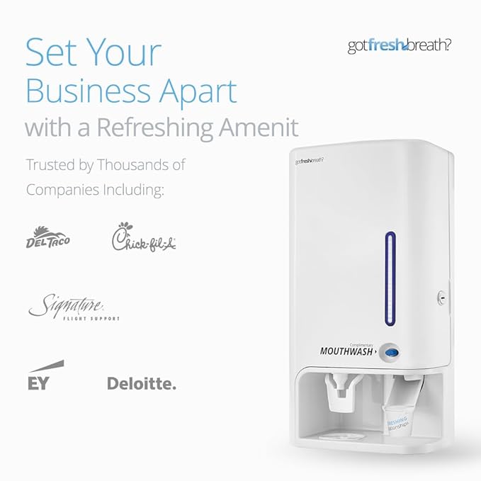 GotFreshBreath Commercial Mouthwash Dispenser with Cup Holder – Standing or Wall-Mounted Slim Commercial Mouthwash Dispenser with 100 Cups &amp 50 Oz. Alcohol-Free Mouthwash (White)