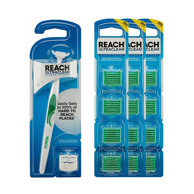 Reach Ultraclean Access Flosser Bundle Mint Plaque Remover for Teeth for Hard to Reach Areas Oral Care PFAS-Free 1 Flosser Starter Kit + 3 Packs Refill Heads