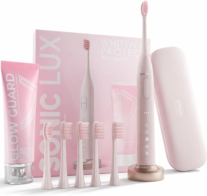 Sonic Lux™ Pink Electric Toothbrush for Adults – Luxury Rechargeable Sonic Electric Toothbrush with GlowGuard Nano-Hydroxyapatite Whitening Toothpaste &amp 6 Brush Heads