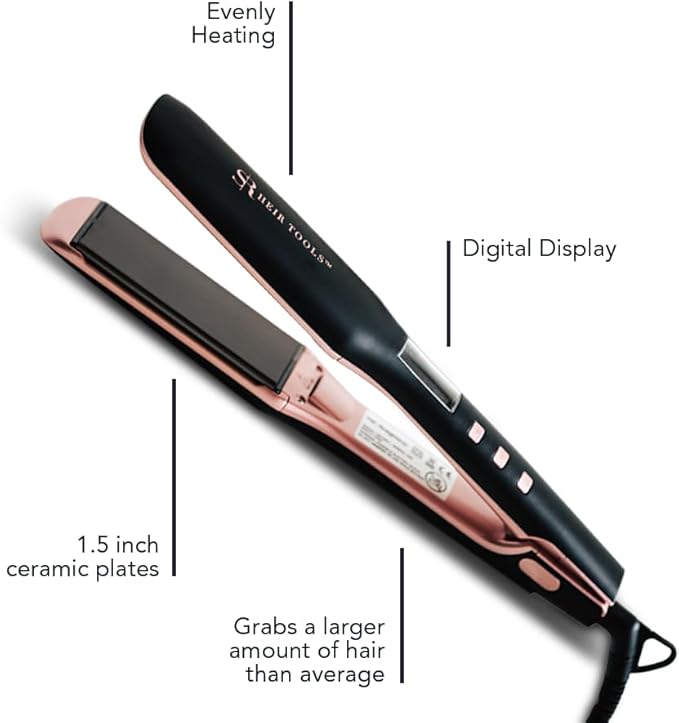 SR Heir Tools Ceramic Flat Iron 1.5 Inch Curl and Straighten with 1 Tool 480 Degree Ceramic Hair Straightener Safe for Wigs and Natural Hair (Black)