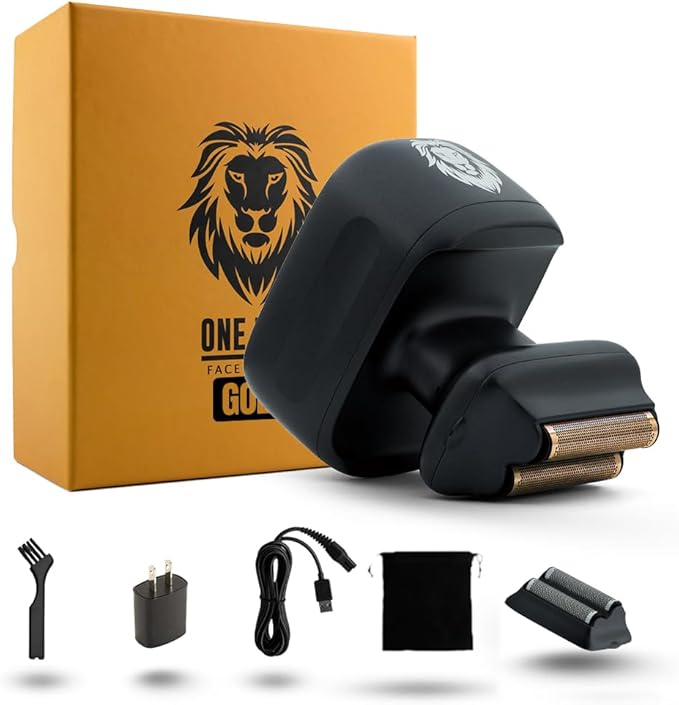 Skull Shaver One Lion Gold PRO Face Shaver for Men - Precision Grooming - Stepped Twin Foil - Ergonomic Grip - LCD Display - Cordless &amp Rechargeable