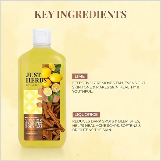 Just Herbs Vitamin C Brightening Body Wash with Lime and Liquorice for Men &amp Women | Hydrates Skin Reduces Hyperpigmentation &amp Maintains pH Level | Suits All Skin Types- 300 ml