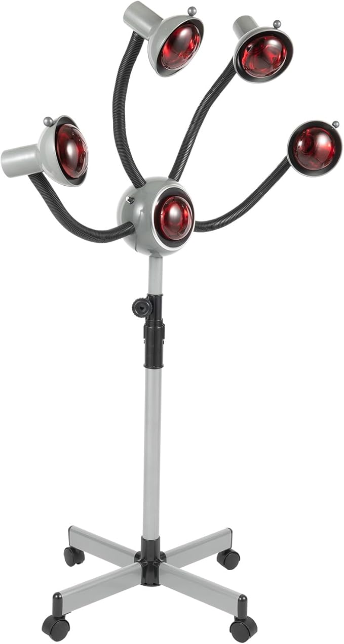 750w Professional Standing Hair Dryer 5 Head Infrared Heat Lamp Portable Floor Hair D-Ryer with 4 PP Universal Wheels Adjustable Height Infrared Heat Lamp Floor Hair Dryer Stable Base 104-176℉