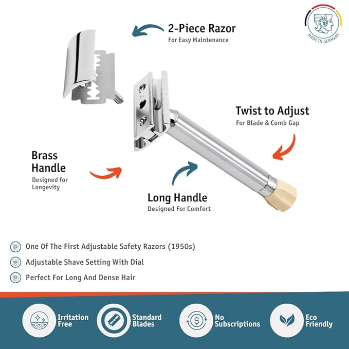 MERKUR Progress 510 Adjustable Double Edge Safety Razor - Long Handle Adjustable Razor With Dial Made in Germany Plastic-Free Closed Comb Straight Bar