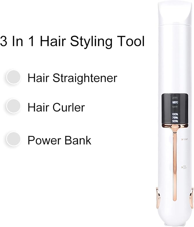 Portable Cordless Hair Straightener Curler with Power Bank Function 3 in 1 3D Comb Teeth Rechargeable Hair Straightener for Home or Travelling