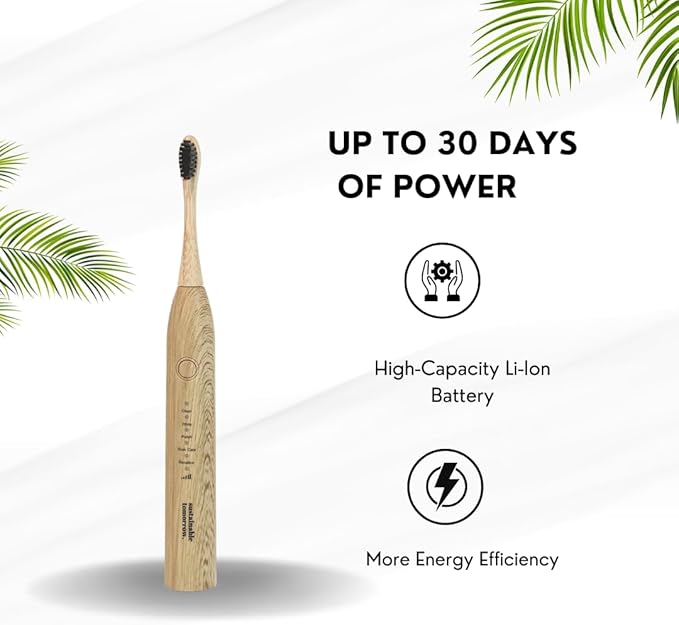 Sustainable Tomorrow Zen Bamboo Electric Toothbrush Durable Wood-Grain ABS Handle Rechargeable w/Plant-Based Soft Bristles Bamboo Heads 5 Modes &amp 30-Day Battery