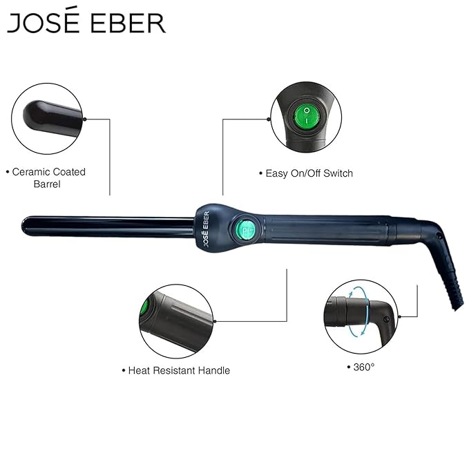 Jose Eber: Clipless Curling Iron .75 (19mm) - Black - Professional Tourmaline Ceramic Barrel Wand Styling Tool Ion Technology Heat Resistant Glove