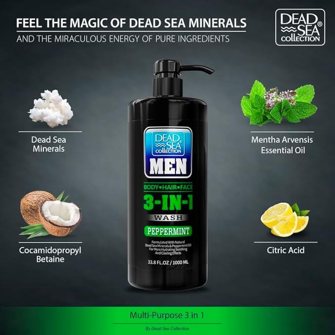 Dead Sea Collection Peppermint Men’s Body Wash – 3 in 1 Body Wash for Men for Hair Face &amp Body – Moisturizing Shower Gel with Dead Sea Minerals – Pack of 2 (33.8 fl oz each)