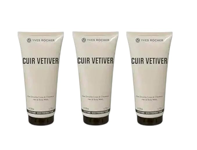 Yves Rocher Cuir Vetiver Men’s Shower Gel &amp Shampoo All-in-One Perfumed Cleansing Gel Long Lasting Fragrance Set of 3 Bottles Luxury Gift Kit - 200 ml/6.7 fl.oz