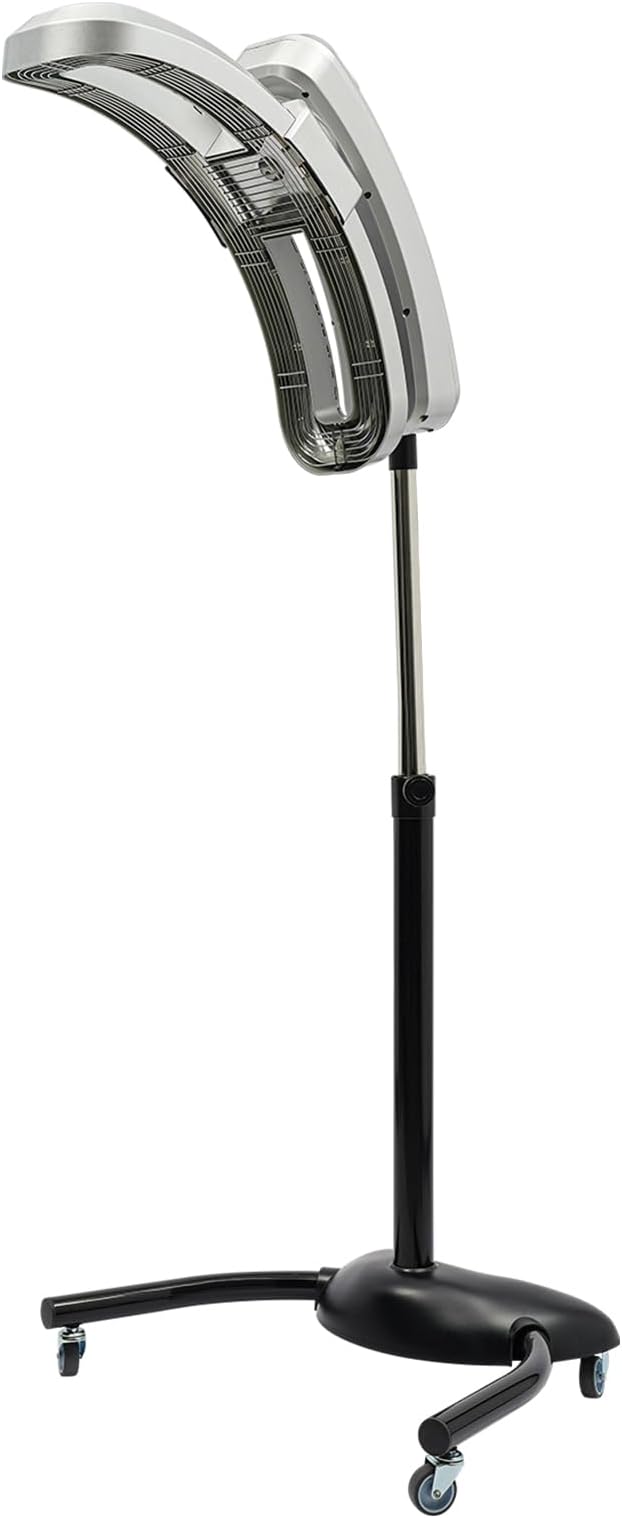 Silver Vertical Hairdressing Heater with Adjustable Angle (45°/90°/180°) Standing Hair Color Processor Cold Iron Hair Dryer on Wheels Temperature/Time Control for Salon and Home Use