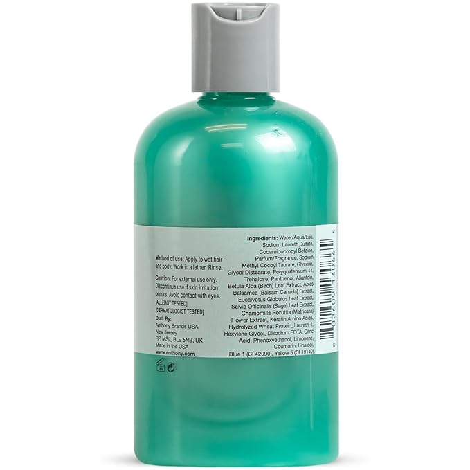 Anthony Mens Body Wash and Shampoo: Invigorating Rush 2-In-1 Liquid Gel Soap &amp Hair Shampoo Pine Wood Scent Hydrating with Eucalyptus Canadian Balsam Birch Leaf Charcoal Sea Kelp 12 Fl. Oz