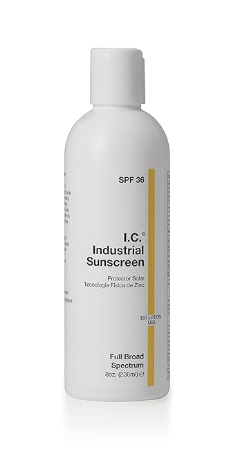 I.C. Industrial Sunscreen Mineral Based SPF 36 Physical Zinc Protection Full Broad Spectrum 80 Minute Sweat &amp Water Resistant Heat Stress Anti-Inflammatory Properties. USA 8oz Bottle (ISSC-8)