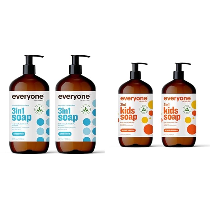 Everyone 3-in-1 Soap Body Wash Bubble Bath Shampoo 32 Ounce (Pack of 2) Unscented &amp 3-in-1 Kids Soap Body Wash Bubble Bath Shampoo 32 Ounce (Pack of 2) Orange Squeeze