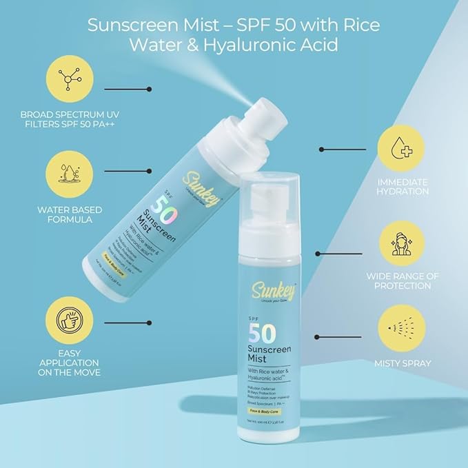 Sun-key Sunscreen Mist SPF 50 PA++ with Hyaluronic Acid &amp Rice Water | Water-Based UV Spray for Face &amp Body | Pollution Defence Heat Ray Shield | Non-Greasy Hydrating SPF Mist | 100ml