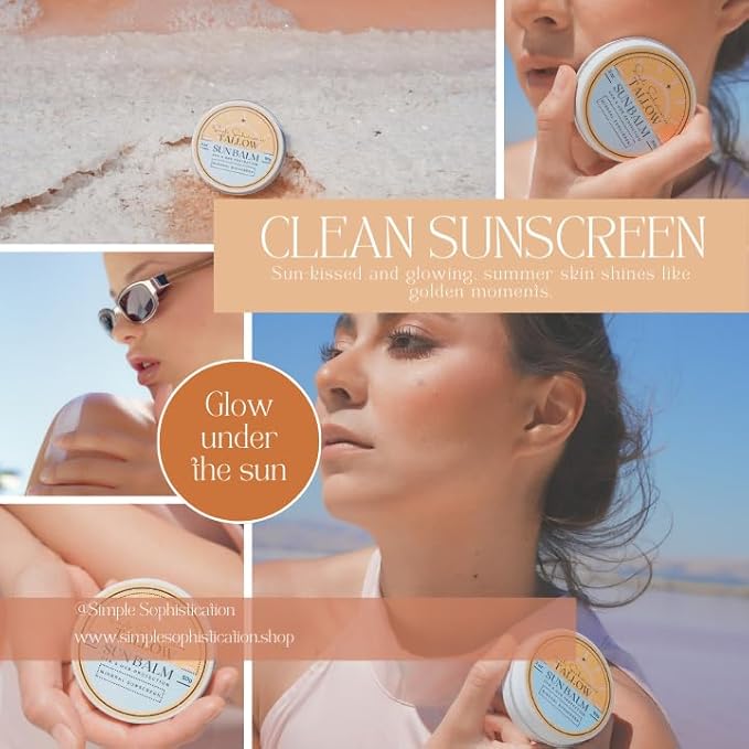 Tallow Sun Balm- with grassfed beef tallow castor oil zinc oxide | Mineral Sunscreen | Natural Organic | Reef Safe Ocean Friendly | Spf 30 - suitable for sensitive skin (2 oz) (Medium)