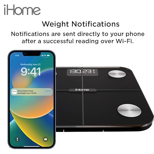 iHome Digital WiFi Smart Scale for Body Weight Weight Scale Including BMI Body Fat Muscle Mass Batteries Included (Black Smart WiFi)