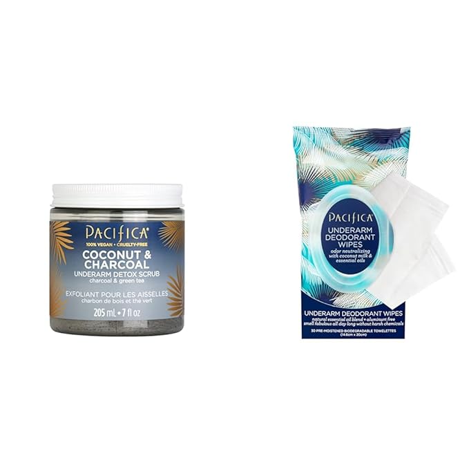 Pacifica Beauty Coconut and Charcoal Underarm Detox Body Scrub &amp Beauty Coconut Milk &amp Essential Oils Underarm Deodorant Wipes 30 Count Remove Odor On-The-Go Aluminum Free