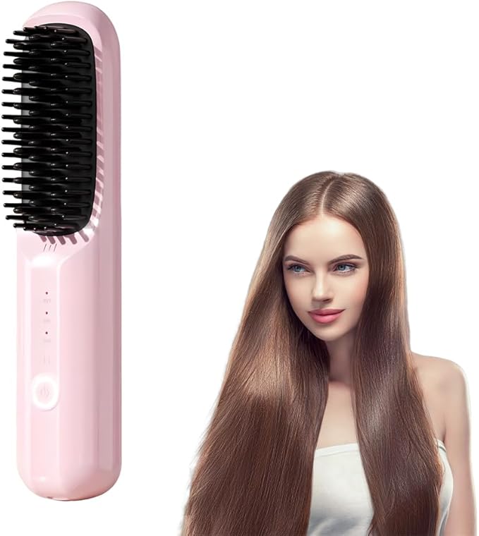 2026 Upgraded Hair Straightener Brush Portable Straightener Brushs for Travel with LCD Temperature Display USB Rechargeable Fast Heating Hairs Brush for Thick Curly Hair (Pink)