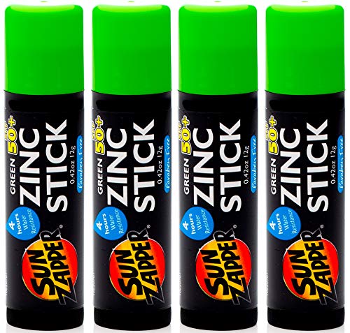 Sun Zapper Zinc Stick Mineral Sunscreen Green SPF 50+ Water Resistant for Face &amp Body Adults Kids 4-Pack Broad Spectrum Sun Block Made in Australia