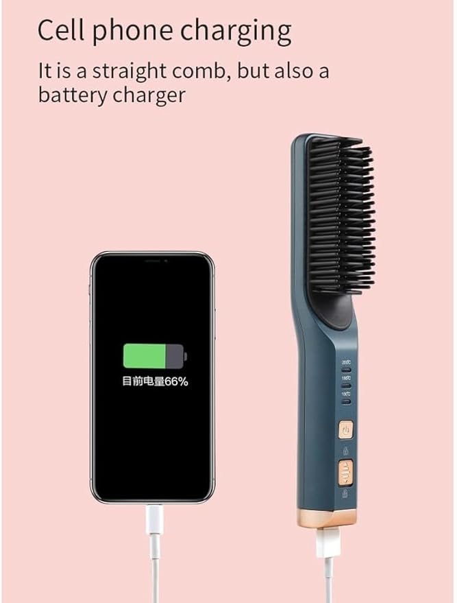 Heating Straight Hair Brush Fast Styling Portable Wireless Hair Flat Irons Straightening Comb USB Rechargebattery (Color : Black)