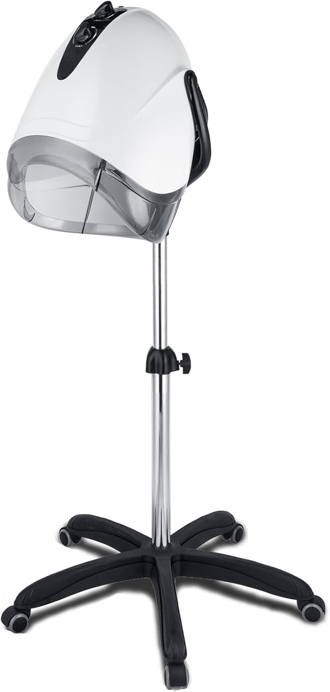 1000W Professional Hooded Hair DryerStanding Blow Hair Dryer with Cap and WheelsTemperature and time are AdjustableSuitable for Salon and Home(White-Stainless Steel Column)