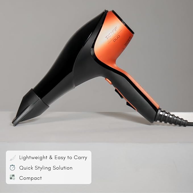 Taiff Unique Duo Professional Hair Dryer – 127V | 1875W Power | AC Motor | Tourmaline + Ionic &amp Ceramic Technology | Titanium Elements | 2 Concentrator Nozzles (Orange)