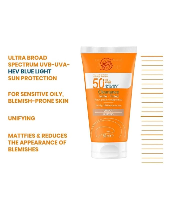 Clean Solaire Tinted SPF 50 Facial Sunscreen – For Face and Neck Oily &amp Acne-Prone Skin Sebum-Regulating Tone-Evening Broad-Spectrum UVA/UVB Non-comedogenic Water Resistant 1.7 Fl Oz