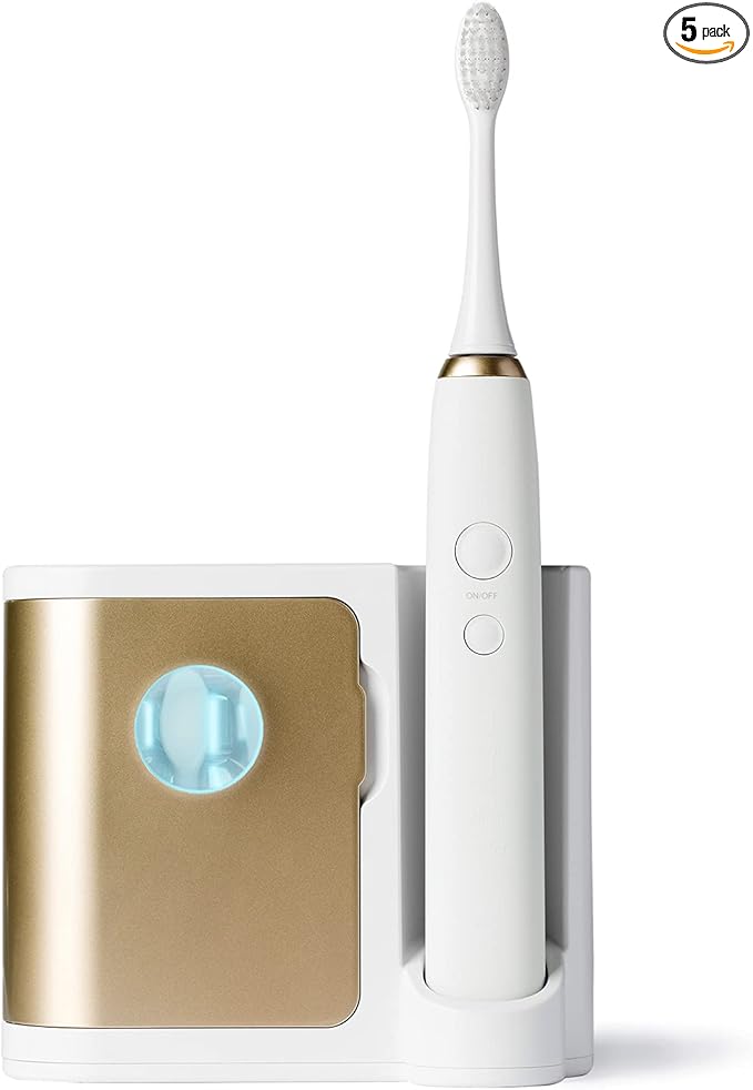 Vanity Planet Elements Ultrasonic Electric Toothbrush - Gold - Advanced Oral Care with UV Sanitizing Charger Base with 3 Replacement Heads - 99.9% Effective Keeping Your Teeth Clean