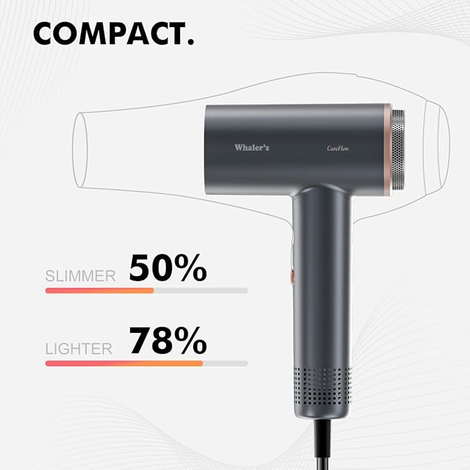 WHALER'S Professional Hair Dryer Ionic 1400W Fast Drying 4 Speed/Heat Settings &amp Cool Shot Dual Voltage for Travel Includes Diffuser+Concentrator+Replacement Brush (1.4kW 120V-240V) (Black)